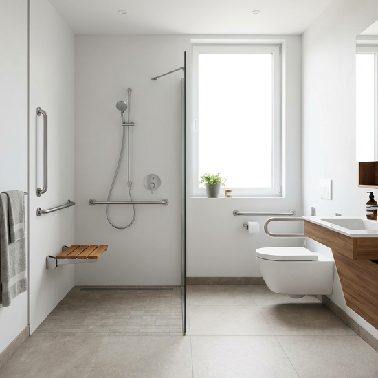 Modernes, barrierefreies Badezimmer mit ebenerdiger Dusche und Haltegriffen