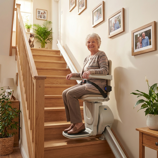 Seniorin fährt sicher mit einem elektrischen Treppenlift in die obere Etage