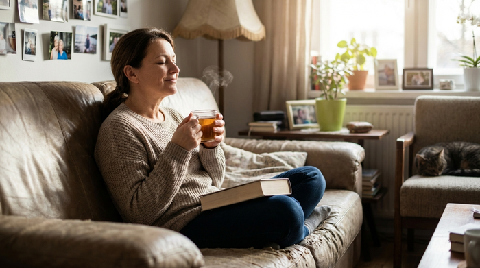 Pflegende Angehörige entspannt sich bei einer Tasse Tee auf dem Sofa