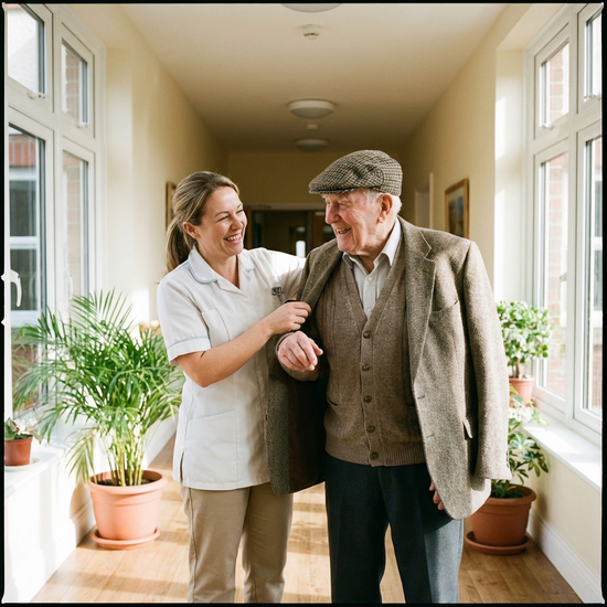 Freundliche Pflegekraft hilft einem älteren Herrn beim Anziehen einer Jacke im hellen Flur