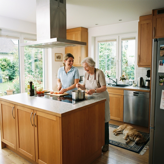 Pflegerin und Seniorin bereiten gemeinsam eine Mahlzeit in einer modernen Küche vor