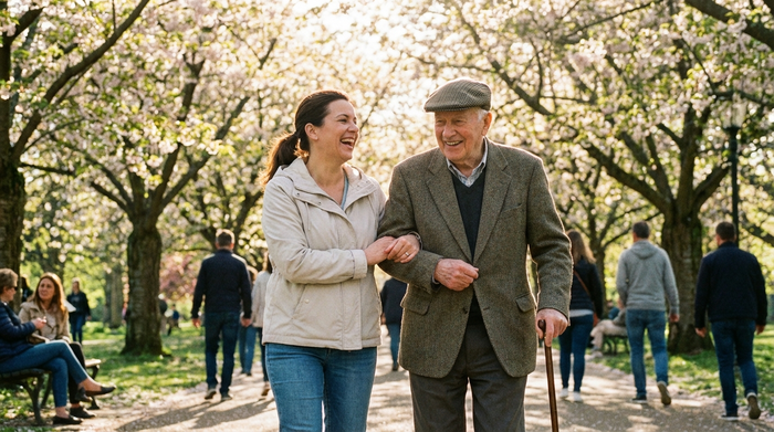 Pflegerin und Senior spazieren gemeinsam lachend durch einen sonnigen Park