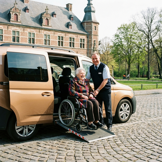 Ältere Dame wird von einem freundlichen Fahrer in einem rollstuhlgerechten Kleinbus begleitet