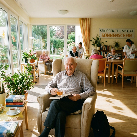 Senior sitzt entspannt in einem bequemen Sessel in einer hellen Tagespflege-Einrichtung