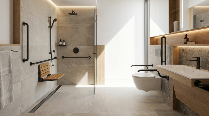 Modernes, barrierefreies Badezimmer mit ebenerdiger Dusche und stabilen Haltegriffen