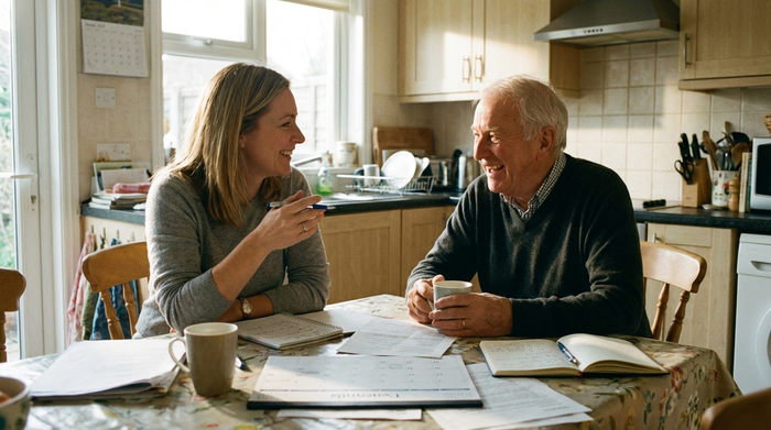 Tochter und älterer Vater sitzen entspannt am Küchentisch und besprechen bei einer Tasse Kaffee die Organisation des Alltags