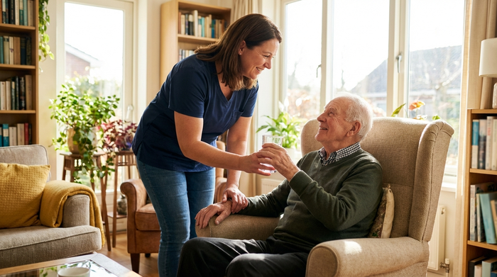 Freundliche Pflegekraft reicht einem Senior ein Glas Wasser in einem hellen Wohnzimmer
