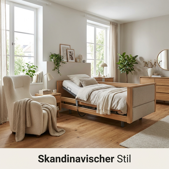 Modernes Pflegezimmer mit elektrischem Pflegebett und gemütlichem Sessel