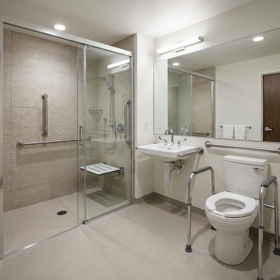 Barrierefreies Badezimmer mit bodengleicher Dusche und Haltegriffen