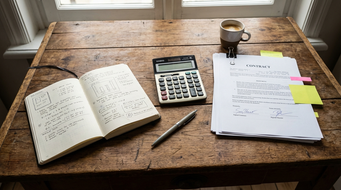 Notizbuch, Taschenrechner und Vertragsunterlagen liegen ordentlich auf einem Holztisch