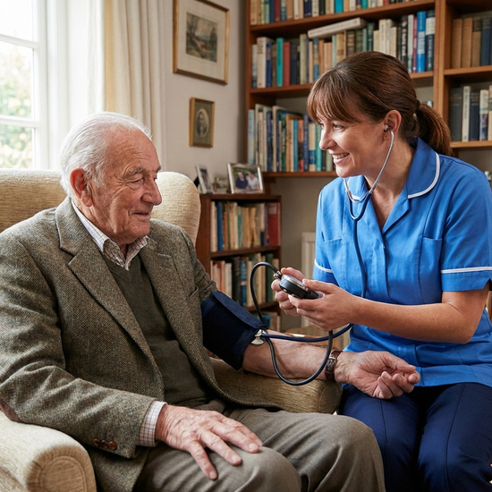 Älterer Herr lässt sich den Blutdruck von einer Pflegekraft messen