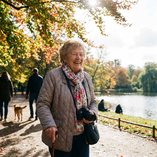 Seniorin lächelt entspannt bei einem Spaziergang im Park