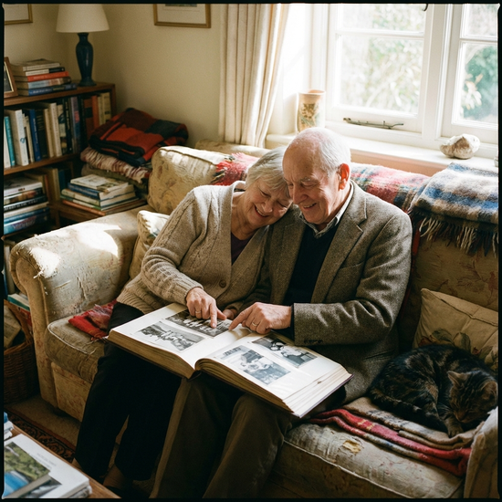 Älteres Ehepaar sitzt entspannt auf dem Sofa und betrachtet gemeinsam ein Fotoalbum