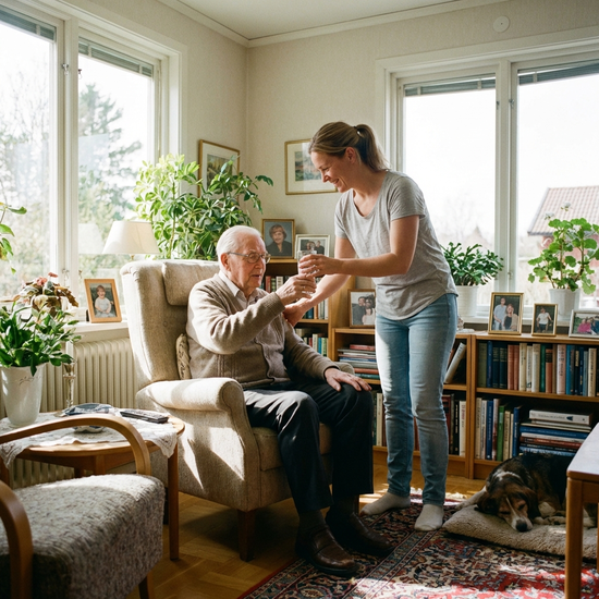 Pflegende Angehörige reicht einem Senior ein Glas Wasser im hellen Wohnzimmer