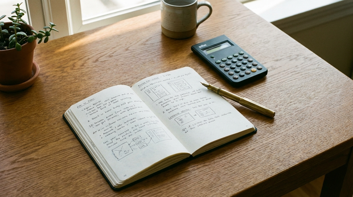 Notizbuch mit Stift und Taschenrechner auf einem aufgeräumten Holztisch