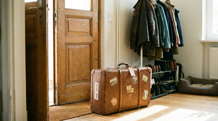 Gepackter Koffer neben einer Haustür im Flur