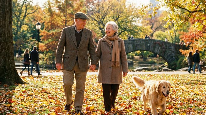 Zwei Senioren spazieren gemeinsam durch einen herbstlichen Park