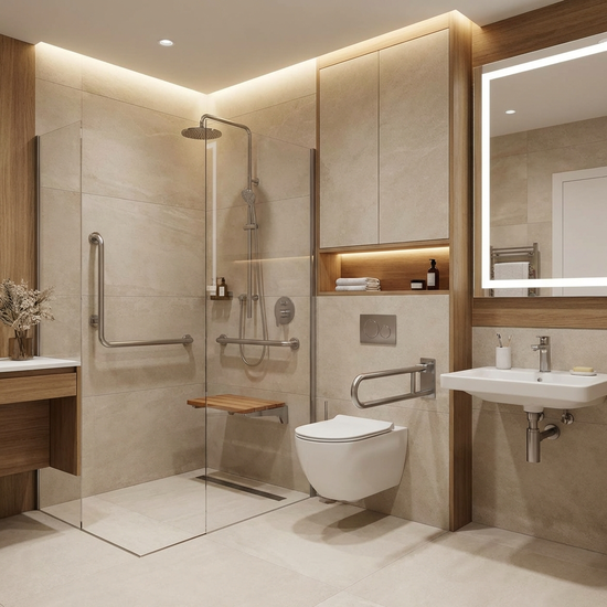Modernes, barrierefreies Badezimmer mit bodengleicher Dusche und Haltegriffen