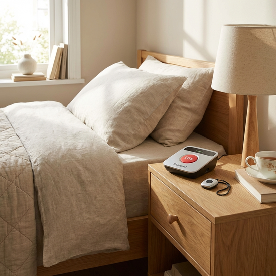 Hausnotruf-Gerät mit rotem Knopf auf einem Nachttisch neben einem Bett