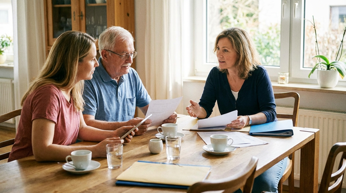 Pflegeberaterin und Familie sitzen gemeinsam an einem Esstisch und besprechen Dokumente