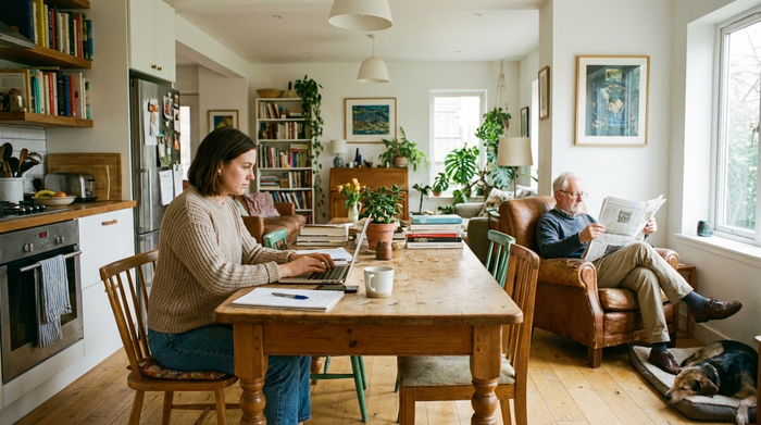 Berufstätige Frau arbeitet am Laptop am Küchentisch, im Hintergrund sitzt ein älterer Herr entspannt im Sessel
