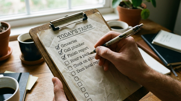 Eine Hand hakt mit einem Stift Punkte auf einer Klemmbrett-Liste ab