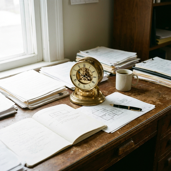 Eine Uhr auf einem Schreibtisch neben Arbeitsunterlagen