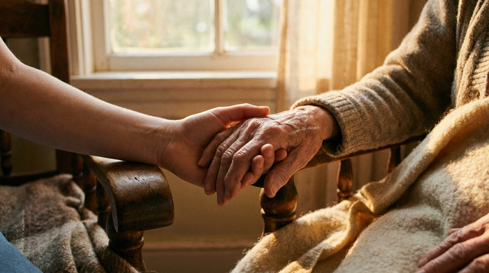 Zwei Hände, eine jünger, eine älter, halten sich sanft, weiches, warmes Licht