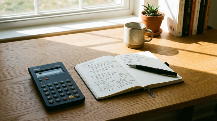 Taschenrechner, Notizblock und ein Stift auf einem ordentlichen Schreibtisch