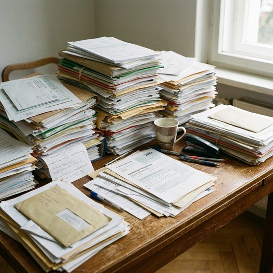 Stapel von Dokumenten und Formularen auf einem Tisch