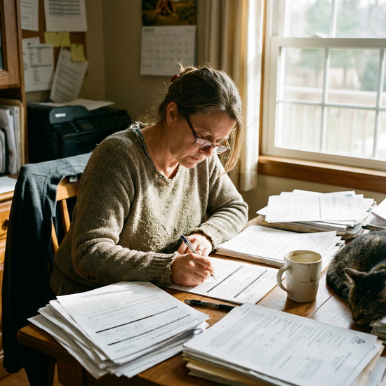 Eine Person am Schreibtisch konzentriert beim Ausfüllen von Unterlagen