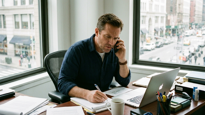 Person telefoniert konzentriert am Schreibtisch