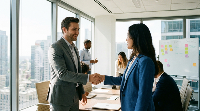 Zwei Personen reichen sich in einem Büro die Hand