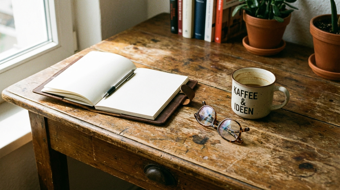 Notizbuch mit Stift auf einem Holztisch neben einer Brille und einer Kaffeetasse