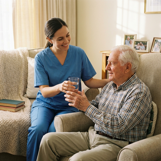 Pflegerin reicht einem Senior geduldig ein Glas Wasser an