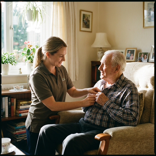 Pflegerin hilft älterem Herrn beim Zuknöpfen des Hemdes