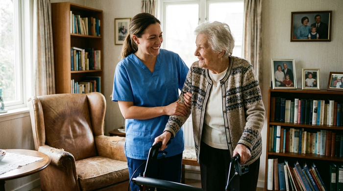 Pflegerin stützt Seniorin beim Gehen im Wohnzimmer