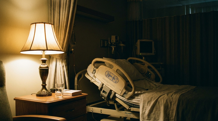Nachttischlampe leuchtet neben einem Pflegebett im abgedunkelten Raum