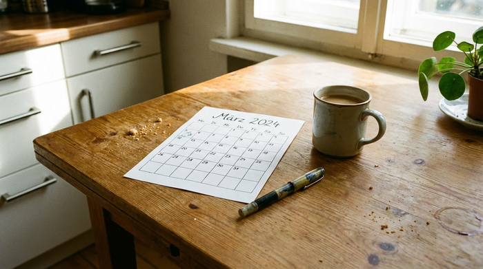 Kalender, Stift und eine Tasse Kaffee auf einem hellen Küchentisch