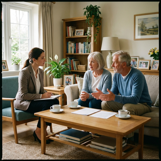 Gutachterin und Angehörige sitzen im Gespräch am Wohnzimmertisch