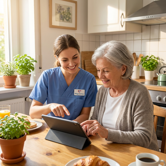 Freundliche Pflegekraft zeigt einer Seniorin die Bedienung eines Tablets am Küchentisch