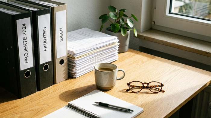 Ordner und Dokumente auf einem aufgeräumten Schreibtisch neben einer Kaffeetasse und Brille