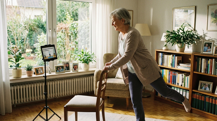 Seniorin macht leichte Gleichgewichtsübungen im Wohnzimmer mit Blick auf ein Tablet