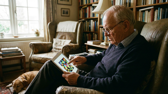 Älterer Herr löst konzentriert ein visuelles Rätsel auf einem Tablet