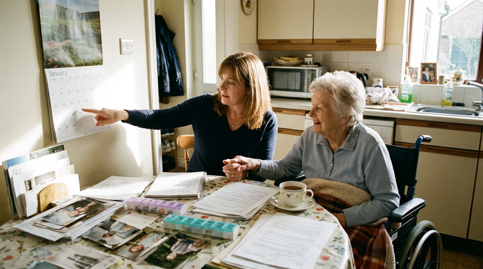 Tochter und pflegebedürftige Mutter sitzen gemeinsam am Tisch und besprechen Termine
