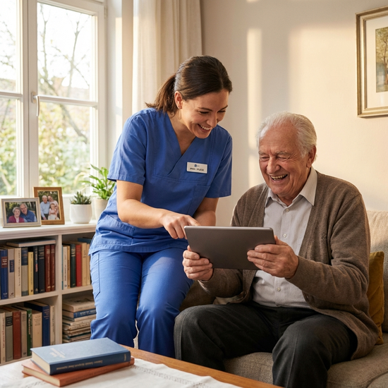 Pflegekraft in blauer Berufskleidung richtet ein Tablet für einen Senior ein