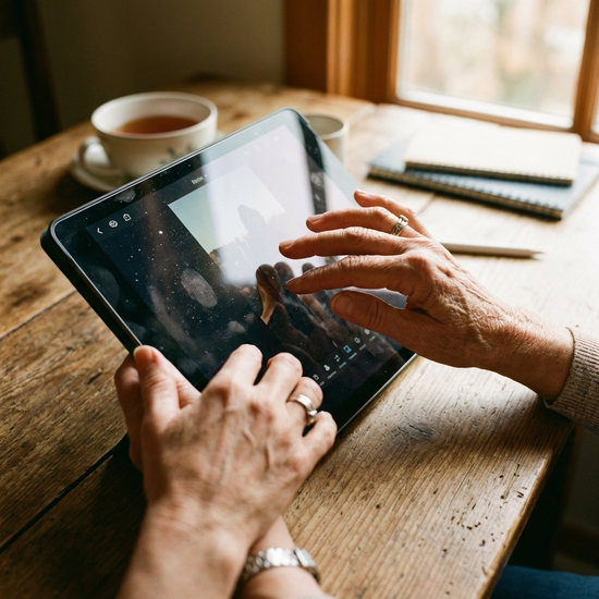 Nahaufnahme von Händen, die gemeinsam auf einen Tablet-Bildschirm tippen