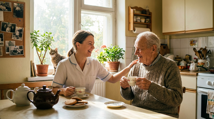 Freundliche Pflegerin und älterer Herr sitzen am Küchentisch und trinken gemeinsam Tee, helle und entspannte Atmosphäre
