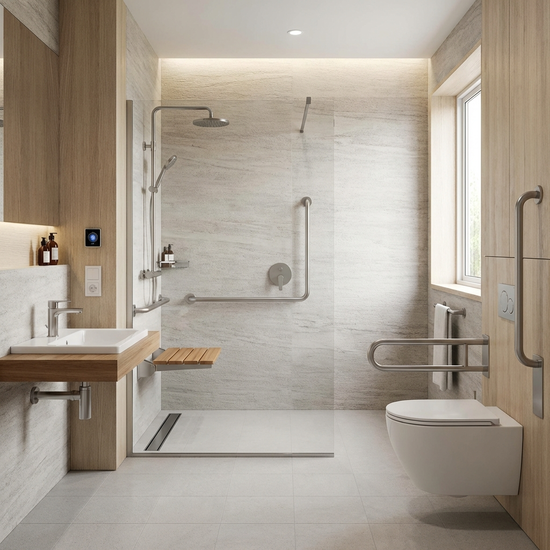 Modernes, barrierefreies Badezimmer mit ebenerdiger Dusche und Haltegriffen