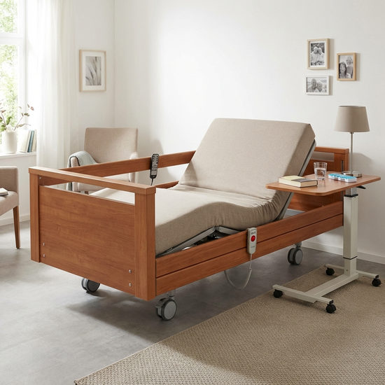 Seniorengerechtes Schlafzimmer mit elektrisch verstellbarem Pflegebett und Nachttisch